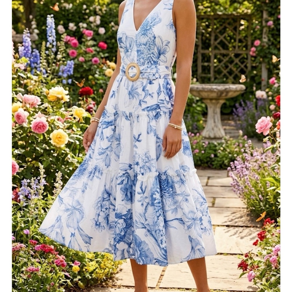 Blue Floral V-Neck Midi Dress with Belt